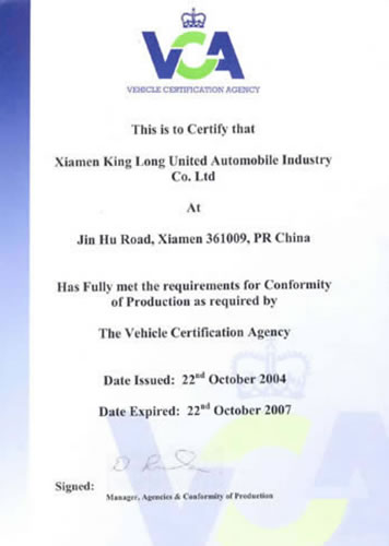 vào tháng 3 năm 2005 , king long hoàn toàn vượt qua chứng nhận VCA và trở thành người đầu tiên thâm nhập thị trường châu Âu .
